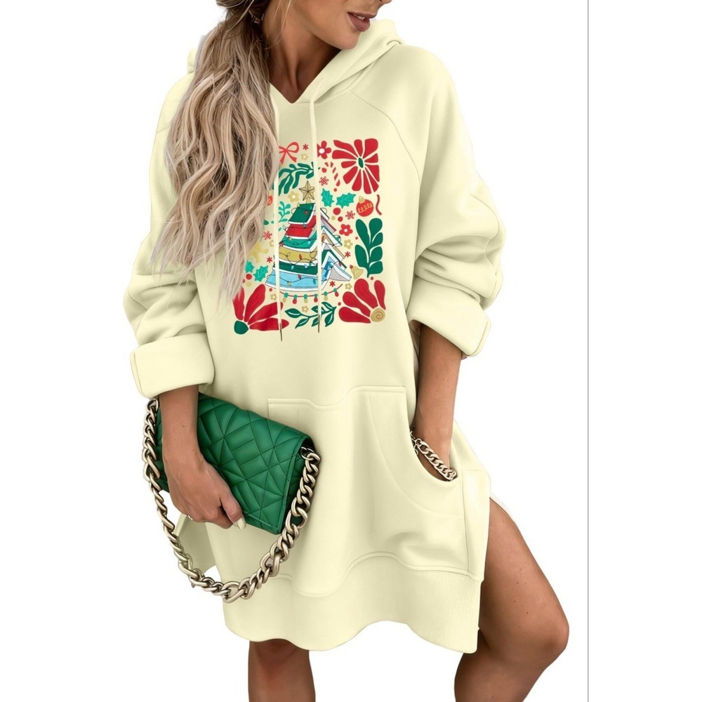Christmas Tree Sweatshirt Women Hoodie With Pocket Apricot Oversized Medium New